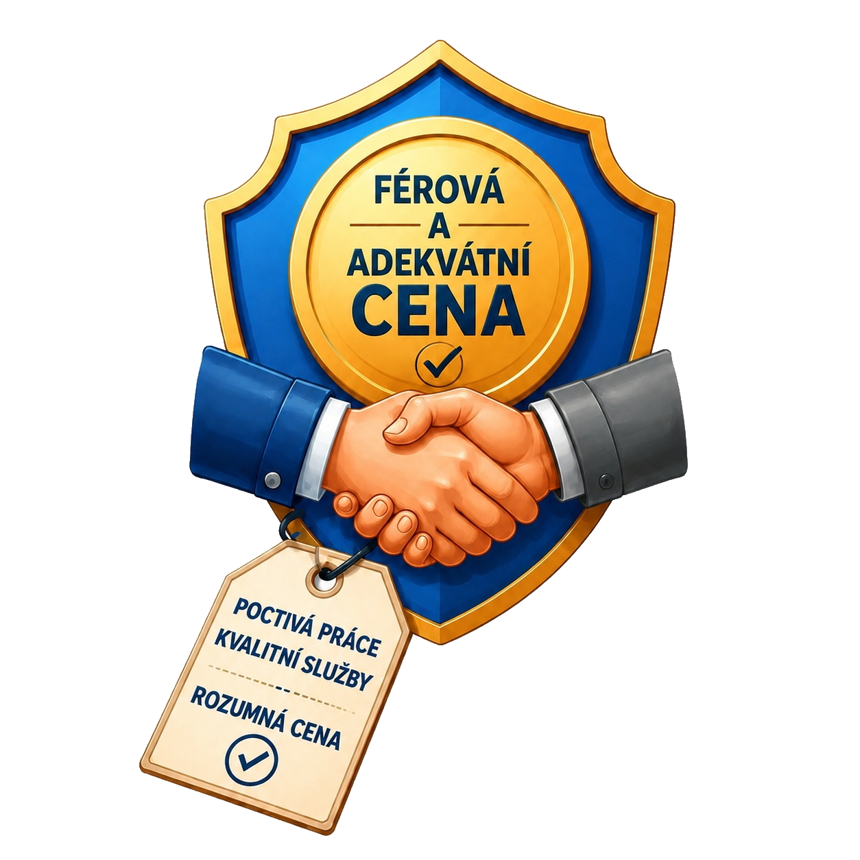 Modrá a zlatá medaile s nápisem „FÉROVÁ A ADEKVÁTNÍ CENA“, pod ní podaná ruka.