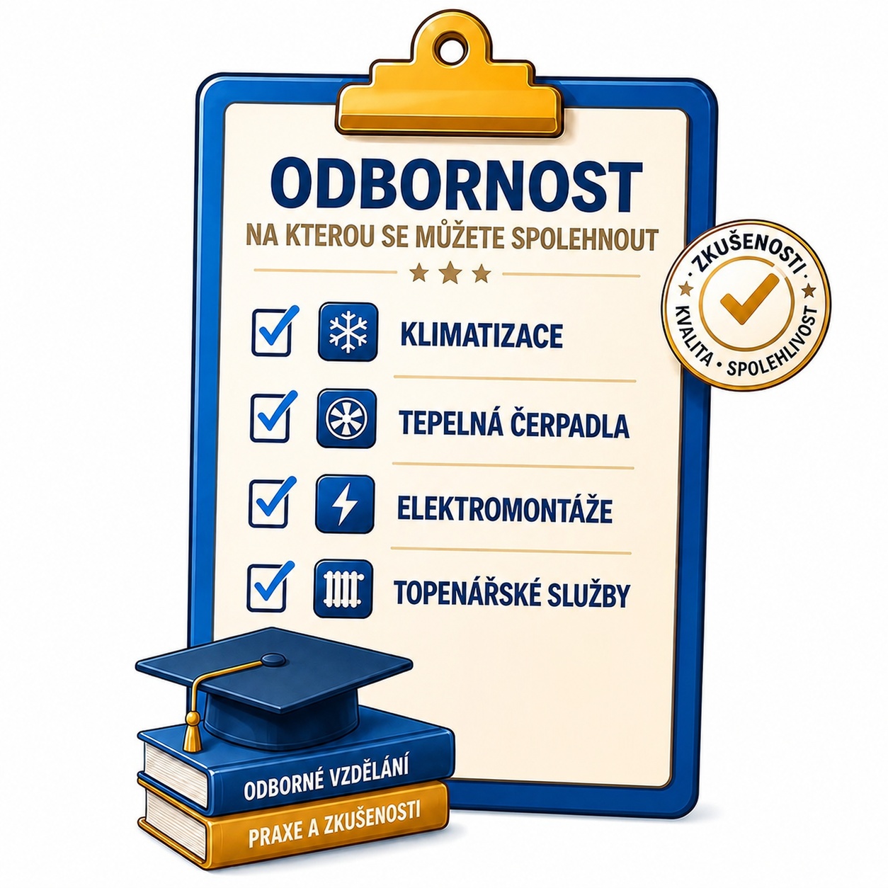 Modrý certifikát s nápisem ODBORNOST, seznamem služeb a zlatou pečetí zkušenosí.