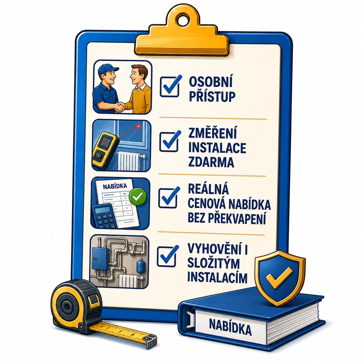 Ilustrační clipboard s ikonami a textem „Osobní přístup“, „Změření instalace zdarma“ a „Reálná cenová nabídka“.